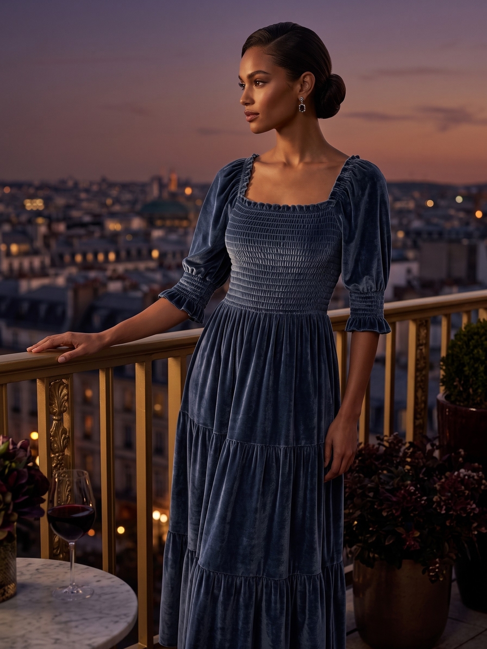 Baltic Born Blue Velvet Tiered Midi Dress Wedding Guest Holiday Medium